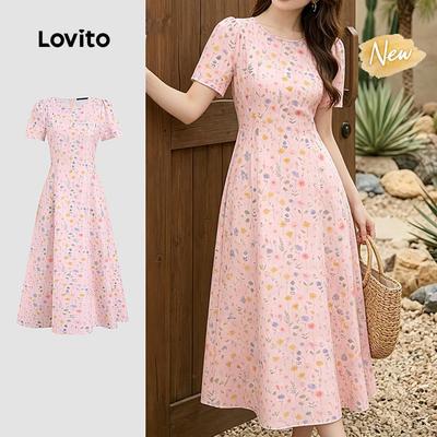(New Arrival) Lovito Đầm Boho Họa Tiết Phong Cách Resort Kết Cấu Xuân/Hè Màu Hồng Dành Cho Nữ L200AD219