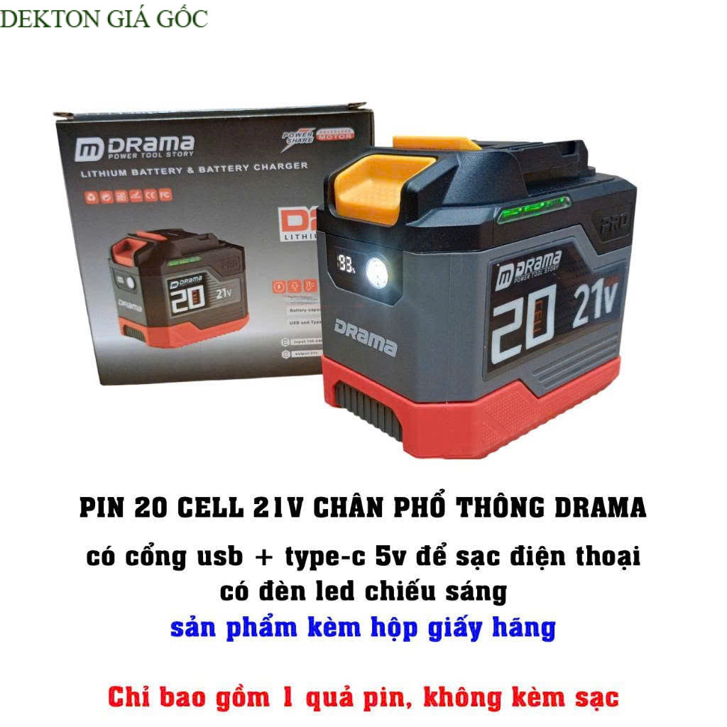 Combo Phụ Kiện Pin 20 cell Drama PRO 20Cell Có Cổng USB Mạch 4Fet dung lượng 6ah, chống ngắt tải, DE