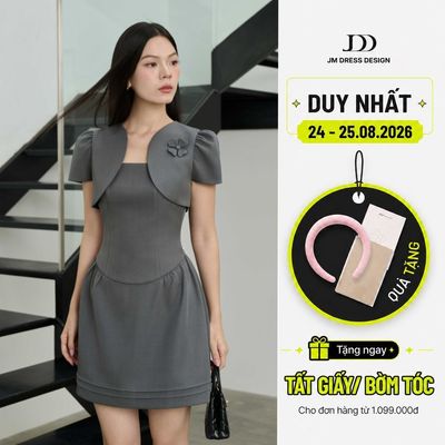 Đầm Giả Choàng Nhún Chân Bấu Mí, Giả Áo Vạt Cong 1F41.2511, Đầm Dáng A Mini Thiết Kế Cổ Vuông Tay Phồng Trẻ Trung By JM
