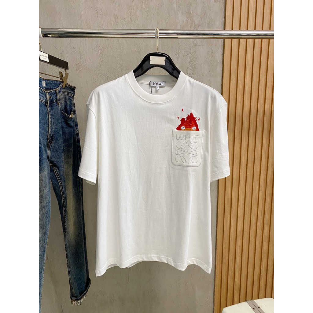 LOEWE LOEWE Mặc Hàng Ngày Áo Thun Tay Ngắn Nam Nữ Mùa Hè Ren Đáy Áo Sơ Mi In Hình Hợp Thời Trang Sli