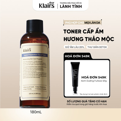 Nước hoa hồng Dear, Klairs Supple Preparation Facial Toner hỗ trợ làm sáng da 180ml [FS]
