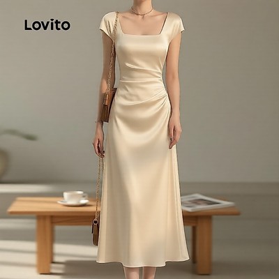 Lovito thanh lịch Đầm nữ chất satin sang trọng nhẹ nhàng màu champagne phù hợp xuân hè mã L137LD367
