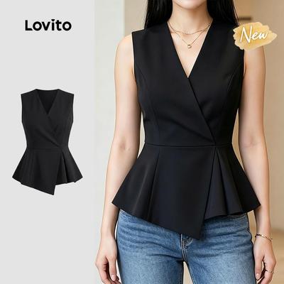 (New Arrival) Lovito Áo Asymmetrical Đen Mùa Xuân/Hè Thanh Lịch Cho Nữ TKK8P1D616