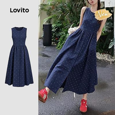 (New Arrival) Lovito Váy thường ngày giản dị mùa xuân/hè màu xanh navy cho nữ DRK8TD122