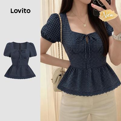(New Arrival) Lovito Áo blouse nữ màu xanh navy xuân hè áo blouse ren thường ngày LBL37082