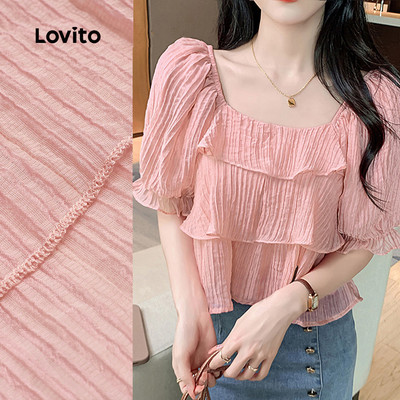 Áo Lovito jacquard xếp tầng bèo nhún màu hồng phong cách thường ngày mùa xuân hè cho nữ L142ED090