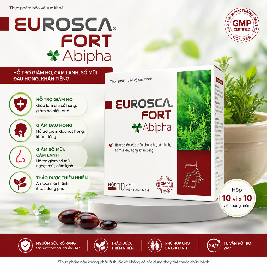 Eurosca Hộp 100 Viên – Giảm Ho, Thông Mũi, Giảm Cảm Lạnh, Sổ Mũi, Đau Họng