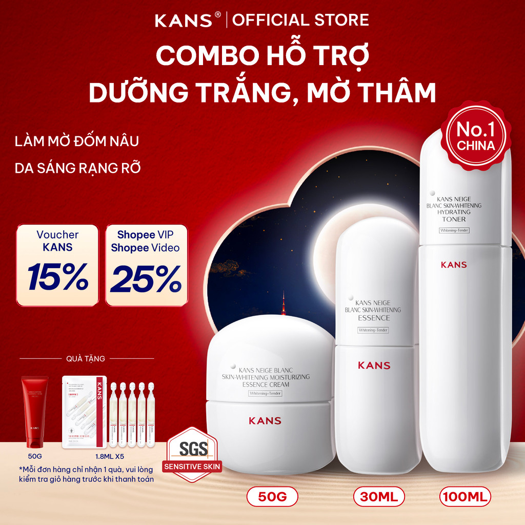 KANS Combo 3 Món Dưỡng Trắng Da Serum 30ml - Kem Dưỡng 50g - Kem Nâng Tông 50g giúp Mờ Thâm, Đều Màu Da