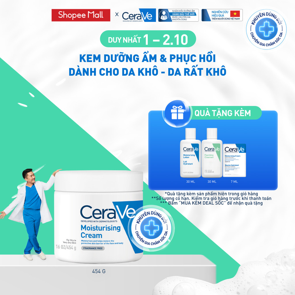 Kem dưỡng ẩm phục hồi sâu và ẩm mịn suốt 48H dành cho da khô, duy trì hàng rào bảo vệ da CERAVE MOIS