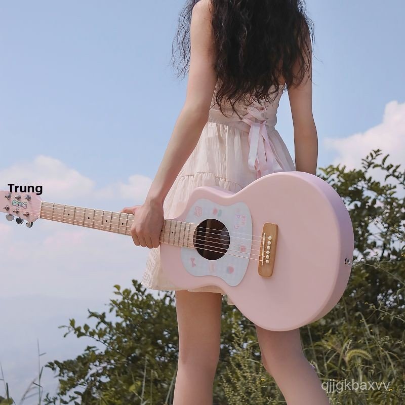 Đàn guitar daisy màu hồng 36 inch cho nữ mới học, guitar acoustic mặt gỗ nguyên tấm cho bé gái