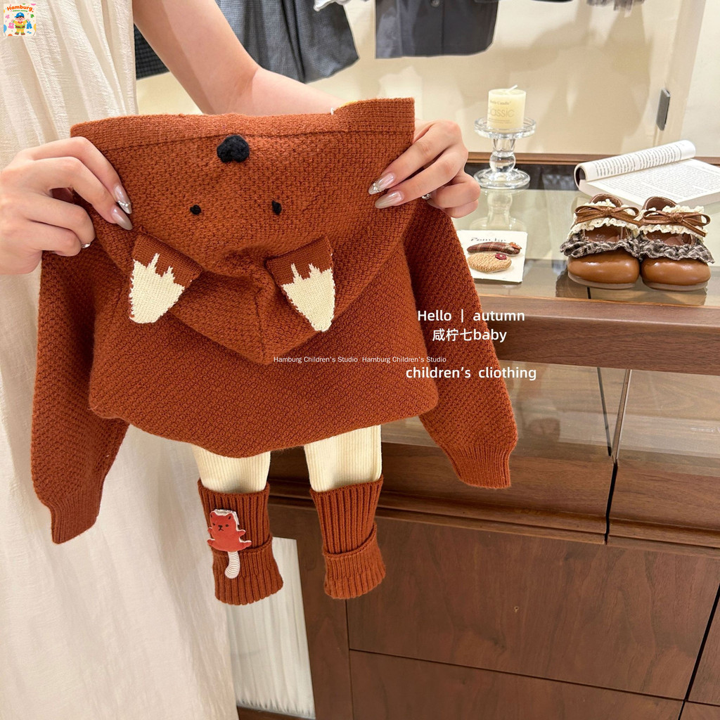 [Áo len có mũ trùm đầu hình gấu nhỏ] Áo chui đầu thời trang siêu dễ thương cho bé gái ~ Áo thun dệt 