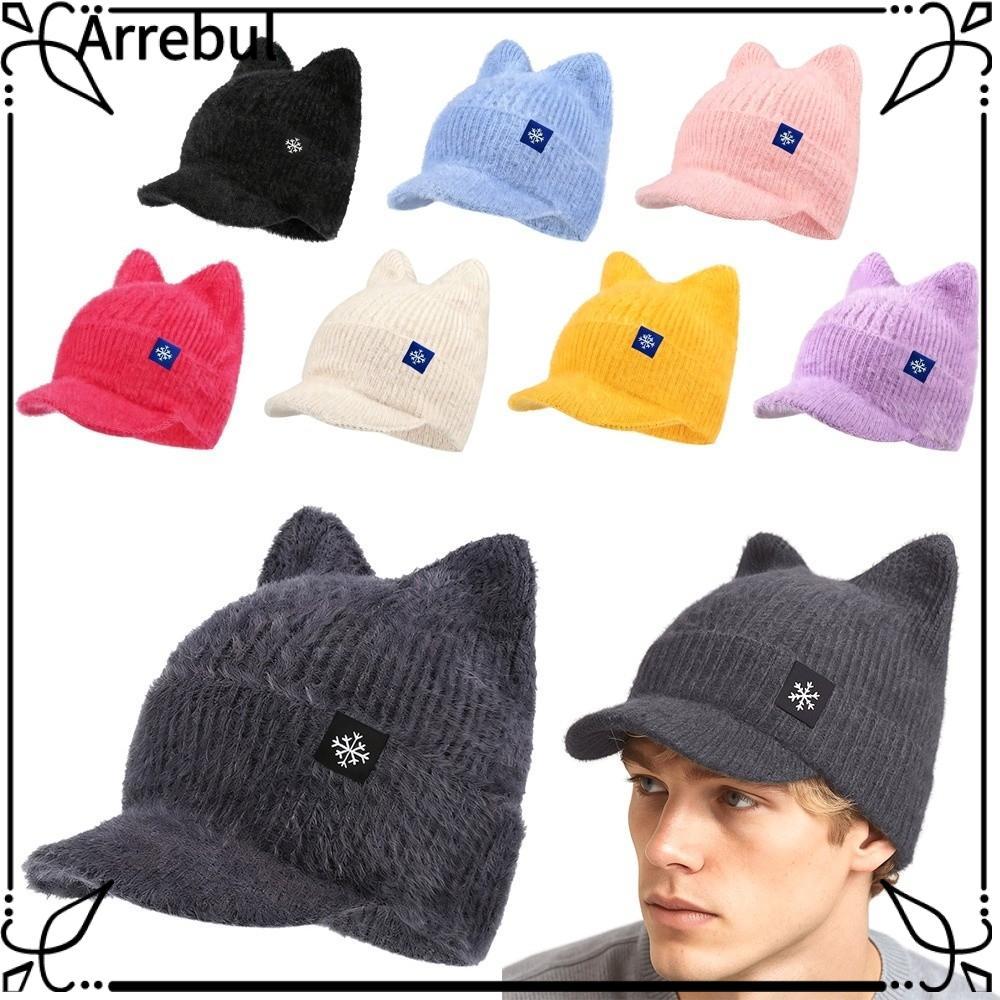 Mũ mùa đông ARREBUL, Mũ lông giả mềm mại ấm áp, Màu kẹo hợp thời trang Mũ dệt kim hình tai mèo mùa đ