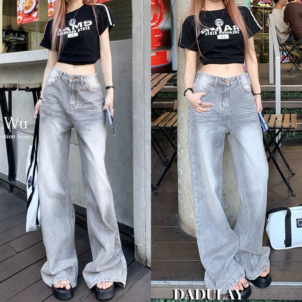 American Retro Gray Straight-Leg Pants Women's Jeans Loose Trousers High Waist Pants