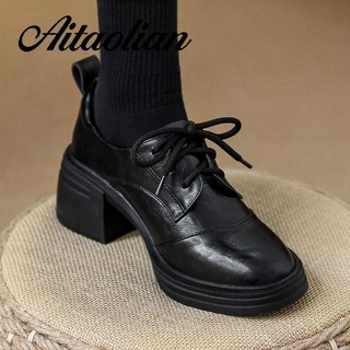 (Size 34-40) Da Thật Chính Hãng Giày Cao Gót Nhọn 6cm Giày Nữ Phong Cách Anh Giày Ren-up Nữ Đế Bằng Nữ Retro Nền Tảng Đen