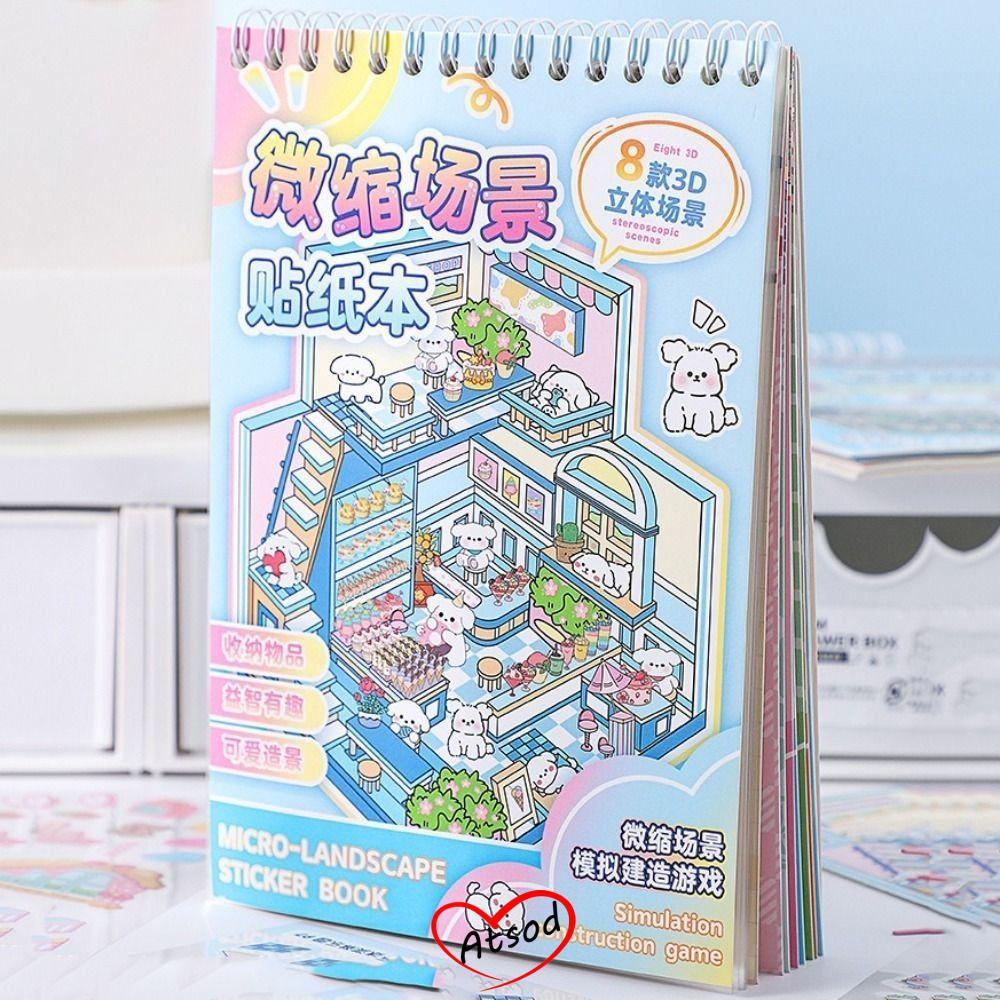 ATSOD Cabin Scene Pocket Sticker, Sách dán phong cảnh nhà thu nhỏ DIY, Phim hoạt hình PET Sticker Ca