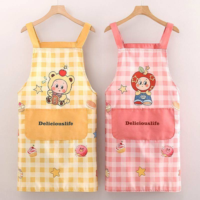 New Apron Cartoon Cute Plaid Apron Kitchen Cooking Essential Apron Strap Kitchen Household Work Clot