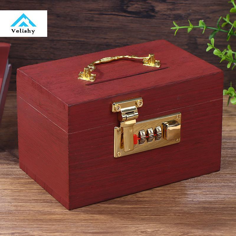 Velishy Hộp Gỗ Mật Khẩu Lo Tiết Kiệm Tiền Đồng Xu Hộp Heo Đất Tổ Chức Với Lo Hộp Kho Báu Cho Thẻ Đô 