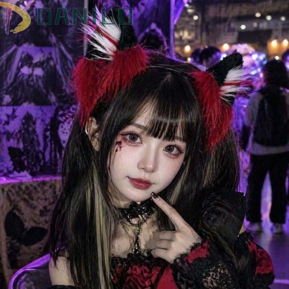 DANILO Wolf Ears Headband, Họa tiết lông tơ Mũ lông giả nhẹ, Mũ đội đầu tiệc Gothic Đỏ Đen Mô phỏng 