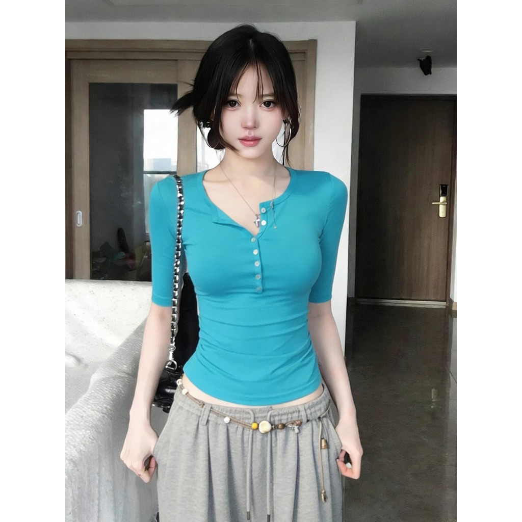 Người Cotton Modal Mỹ Henry Cổ Áo Thun Giữa Tay Nữ Mùa Hè Phong Cách Mới Slim-Fit Slim Hơn Nhìn Nóng
