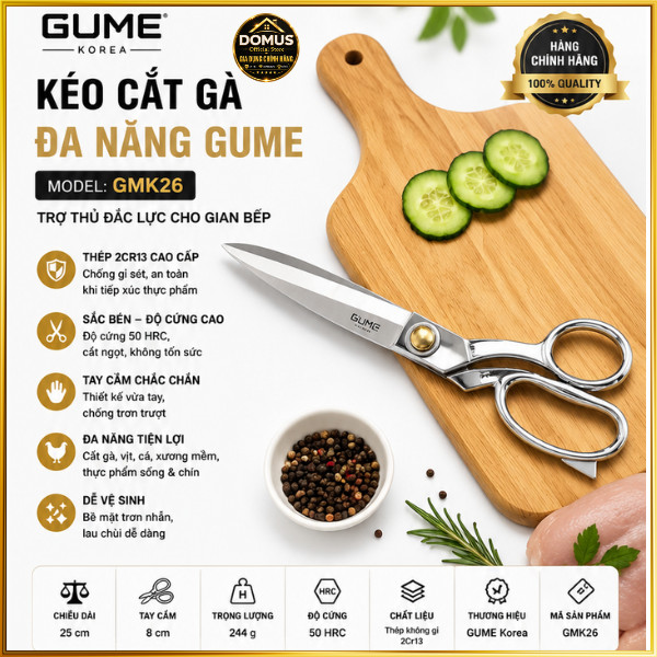 Kéo Cắt Gà Đa Năng GUME Korea GMK26 Thép Không Gỉ 2Cr13 Chính Hãng Cắt Thịt Cá Xương Mềm