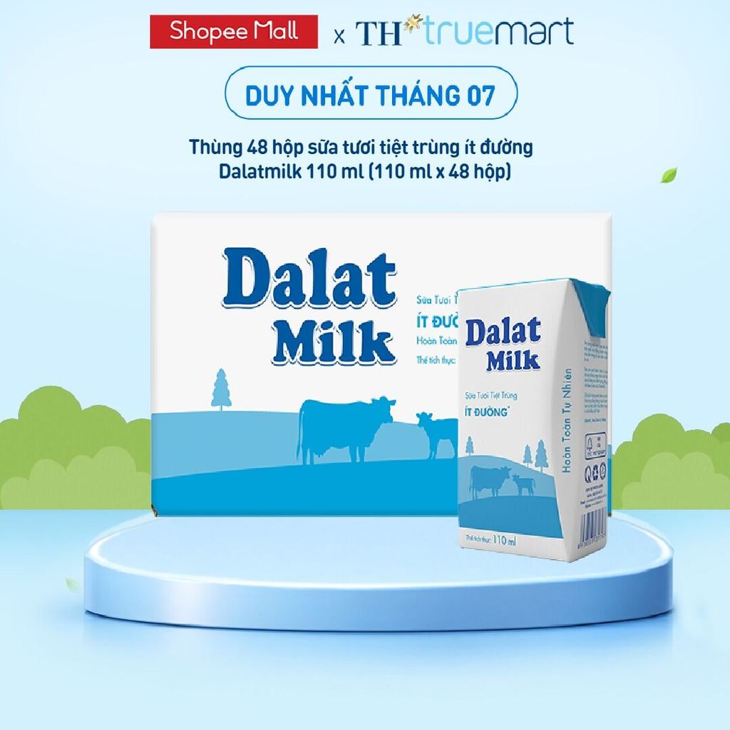 Thùng 48 hộp sữa tươi tiệt trùng Dalatmilk ít đường 110 ml (110 ml x 48)