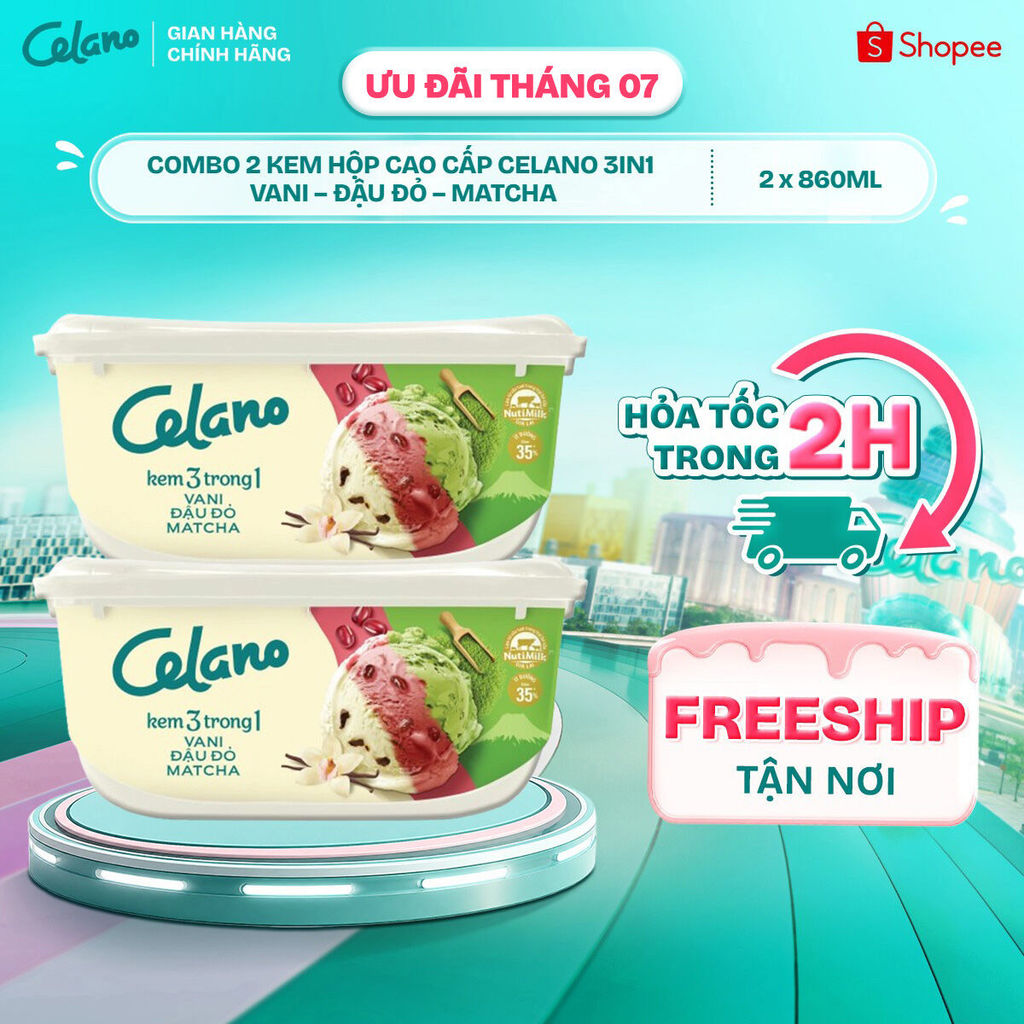 [Hỏa tốc HN/HCM] Combo 2 Kem Hộp Cao Cấp Celano 3in1 Vani – Đậu Đỏ – Matcha (860ml)