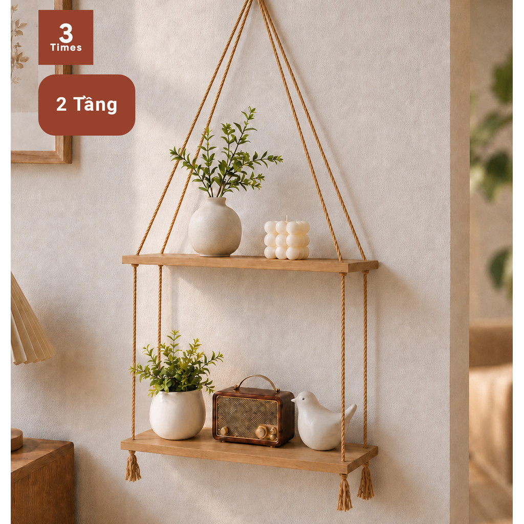 Kệ Dây Treo Trang Trí 3Times 1 2 3 Tầng, Kệ Gỗ Treo Tường Decor Ngang 28cm 38cm 48cm