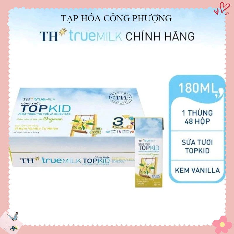 Thùng 48 hộp sữa tươi TH Kem Vani tự nhiên TH True Milk Topkid Organic 180ml