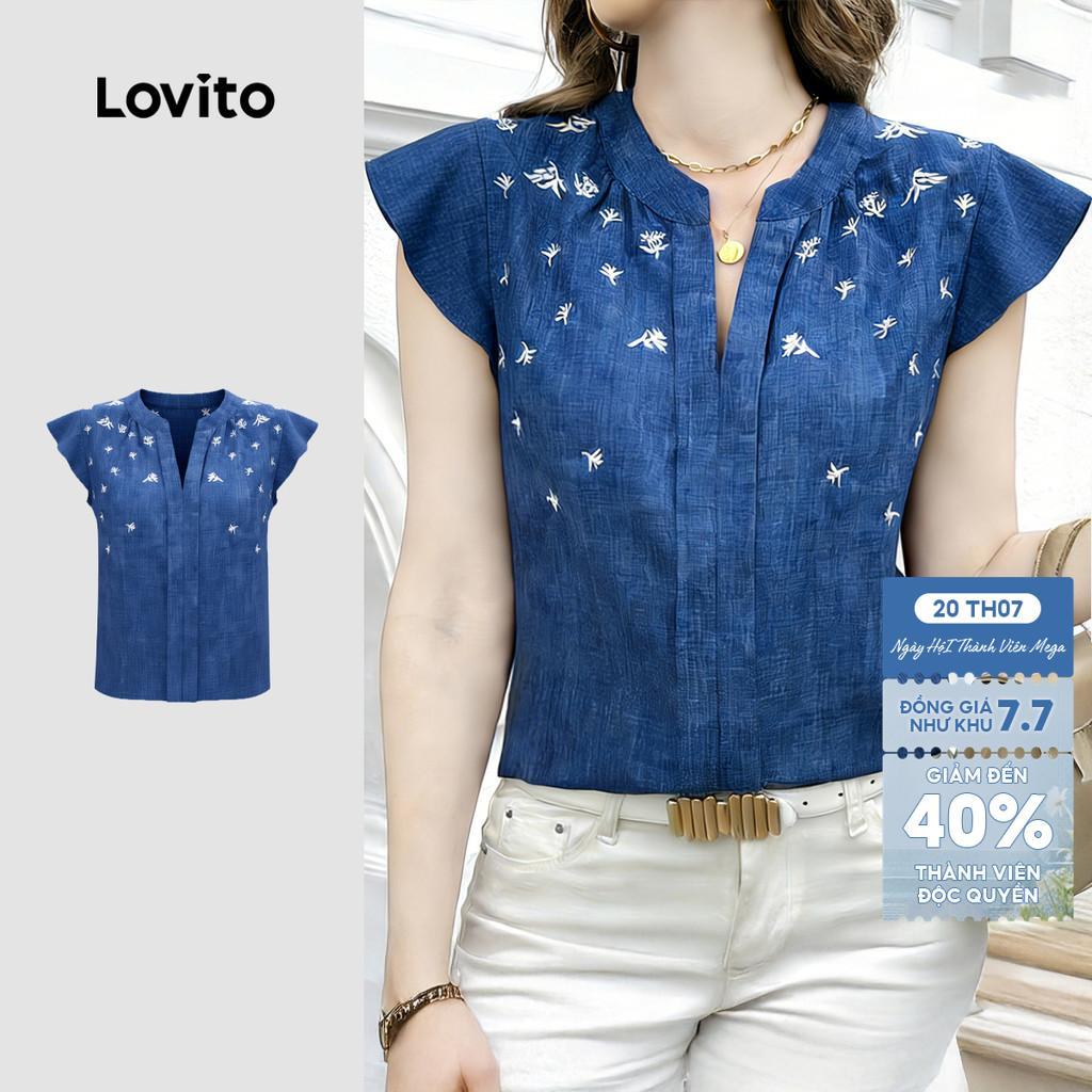 Lovito Áo kiểu Boho họa tiết giả denim mùa xuân/hè màu xanh dương cho nữ LK5EDD474