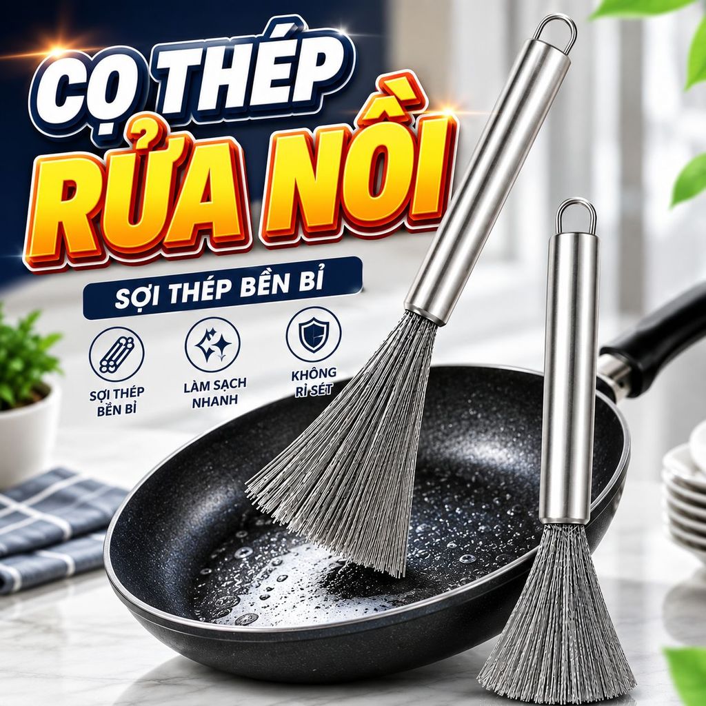 Cọ thép chà nồi tay, vệ sinh bếp, bồn rửa tay cầm dài không rỉ sét đa năng