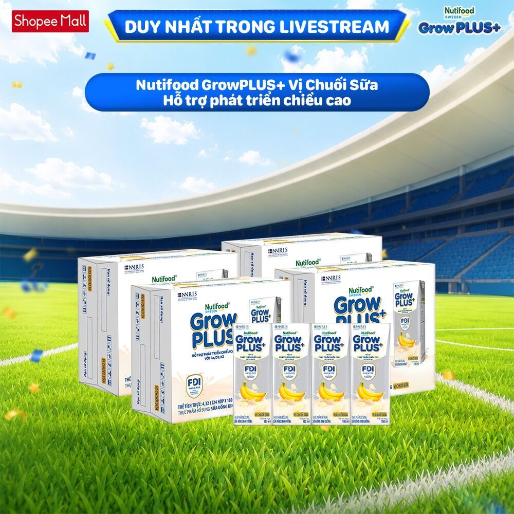 [Livestream KOL] Combo 4 Thùng 24 hộp Sữa bột pha sẵn Nutifood GrowPLUS+ Vị Chuối Sữa hộp 180ml - Tr
