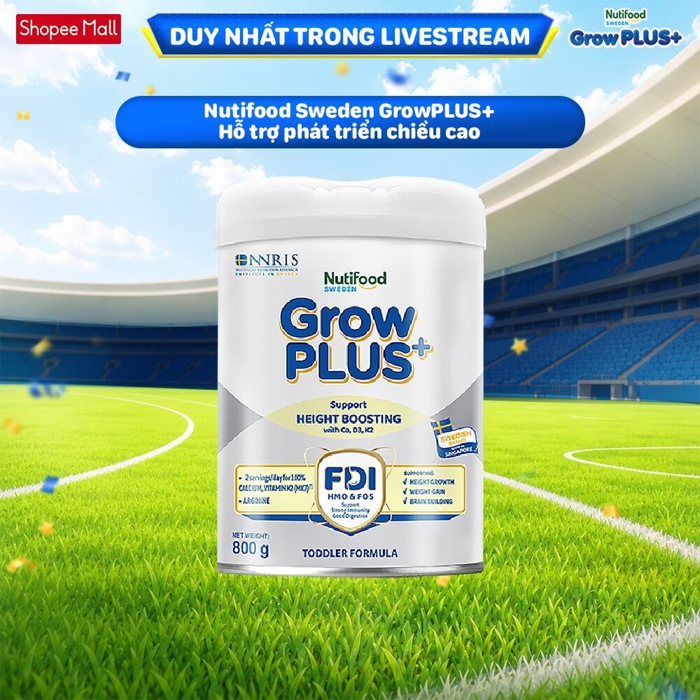 [Livestream BeyondK] Sữa Bột Nutifood Sweden GrowPLUS+ Cao lớn vượt trội từ 1 - 2 tuổi (Bạc) 800g
