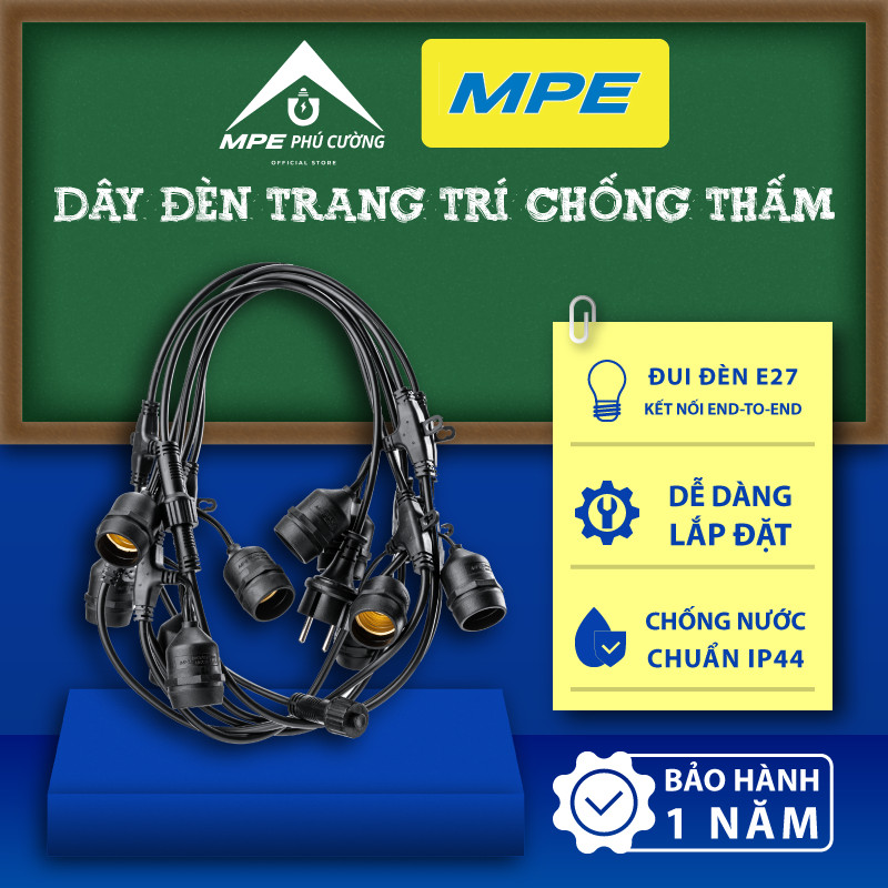 (CHÍNH HÃNG) MPE - Dây đèn trang trí ngoài trời bộ 10-15-20 đui đèn chống nước Chính hãng MPE Phú Cư