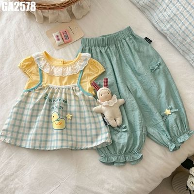 Set Bé Gái Áo Phối Yếm Caro Vịt Vàng Kèm Quần Bí Xanh Mềm Thoáng Mùa Hè Đi Chơi MINTSCLOSET GA2578