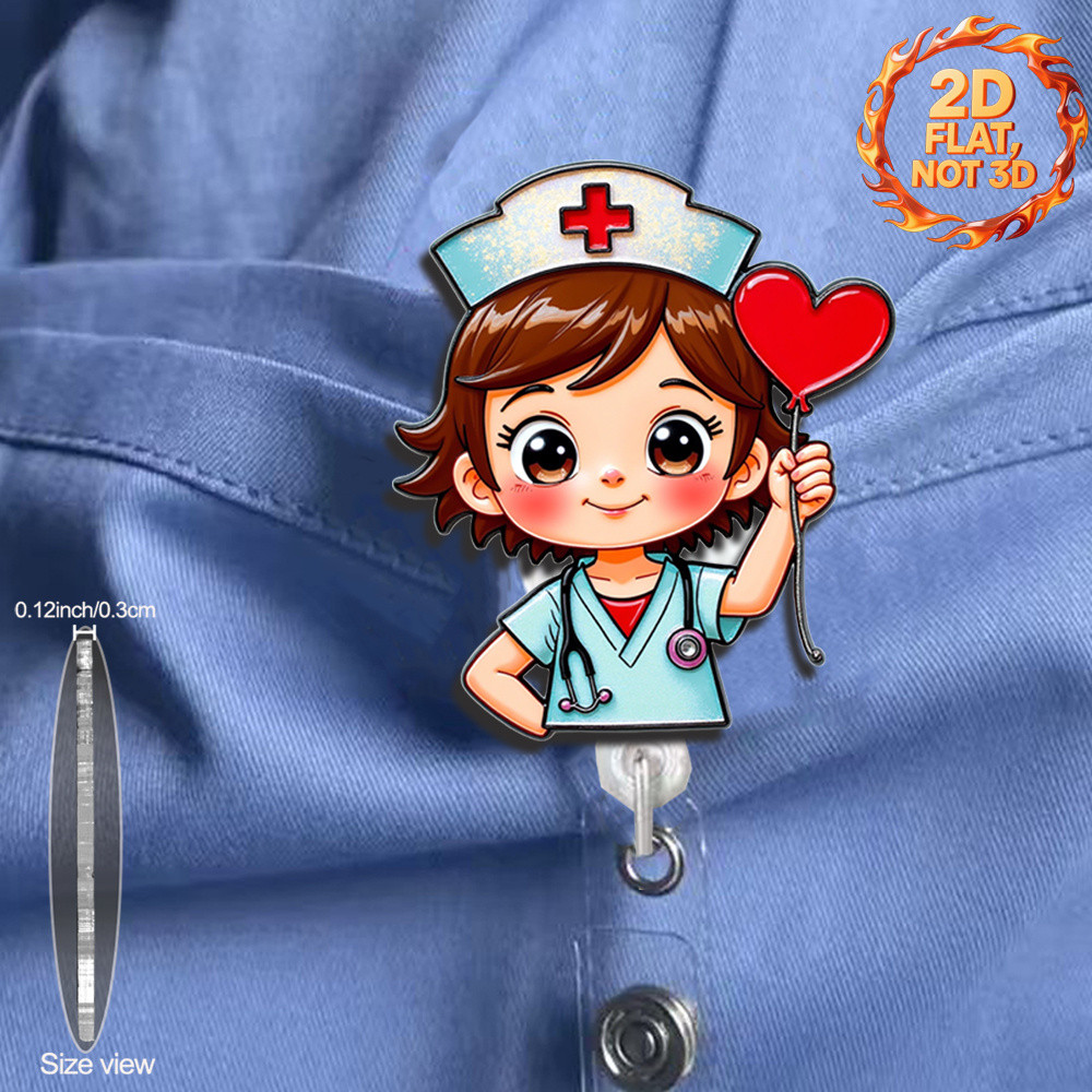 2D 1 X 2D Flat Retractable Badge Reel Accessory, Cute Cartoon Nurse Girl Design, Suitable for Hospit