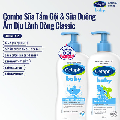 Combo Sữa tắm gội Cetaphil Baby Gentle Wash & Shampoo + Sữa dưỡng ẩm Cetaphil Baby Lotion 400ml/chai