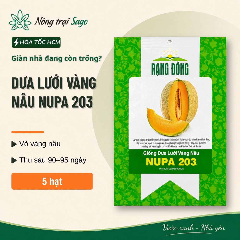Hạt Giống Dưa Lưới Vàng Nâu Nupa 203 Rạng Đông (Gói 5 Hạt) Thơm Ngọt Dễ Trồng | Nông Trại Sago | L52