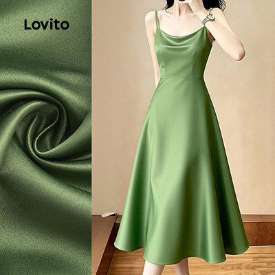 (New Arrival) Lovito Đầm xanh lá mùa xuân/hè đơn giản thanh lịch đính ngọc trai cho nữ LK7ED1191
