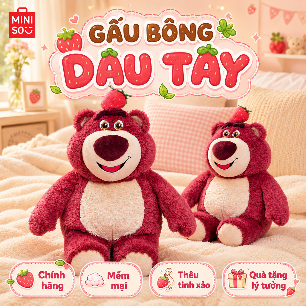 MINISO Gấu Bông Dâu Lotso, Thú Nhồi Bông Lotso Hương Dâu, Disney Pixar Toy Story