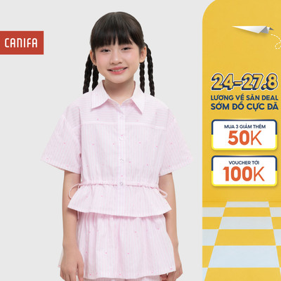Áo sơ mi bé gái CANIFA dáng croptop cổ bẻ cộc tay rút eo 1TH26S002