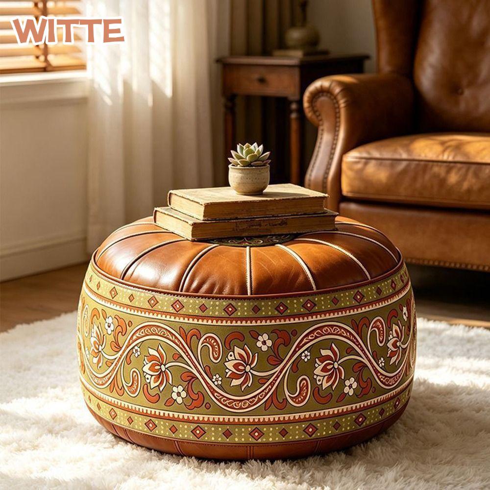 WITTE Fillable Ottoman Pouf, Da PU Phong Cách Ma-rốc Lưu Trữ Ottoman, Hình Tròn Thêu Họa Tiết Tròn P
