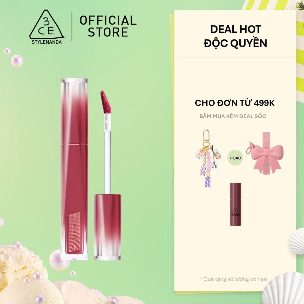 Son Tint Hiệu Ứng Pha Lê 3CE Misty Lip Bare Mỏng Nhẹ Trong Veo, Bền Màu, Mịn Mượt, Không Bết Dính