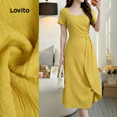 (New Arrival) Lovito Váy nữ màu vàng mùa xuân/hè dáng dài xếp ly thiết kế bất đối xứng phong cách thanh lịch LK7ED946