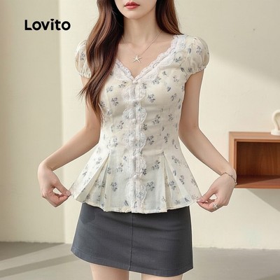 Lovito Phong cách thường ngày Áo sơ mi ren xinh xắn cài nút trước cho nữ mùa xuân hè L154ED1015