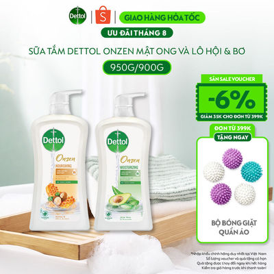 Combo 2 Chai Sữa Tắm Dettol Onzen Mật Ong Kháng Khuẩn Dưỡng Thể (950g) và Dưỡng Ẩm Lô Hội & Bơ (900g)