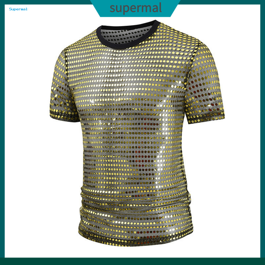 Áo Sơ Mi Cổ Tròn Nam Sequined Áo Thun Lấp Lánh Chấm Jazz Dance Top Cổ Tròn Tay Ngắn thập niên 1970 D
