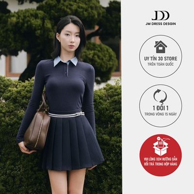 Áo Dáng Ôm Cổ Đức Vải Phối 2T40.2508W. Áo Polo Dáng Ôm Nữ Preppy, Áo Sơ Mi Polo Công Sở Nữ Form Slim-Fit Thiết Kế Bởi JM