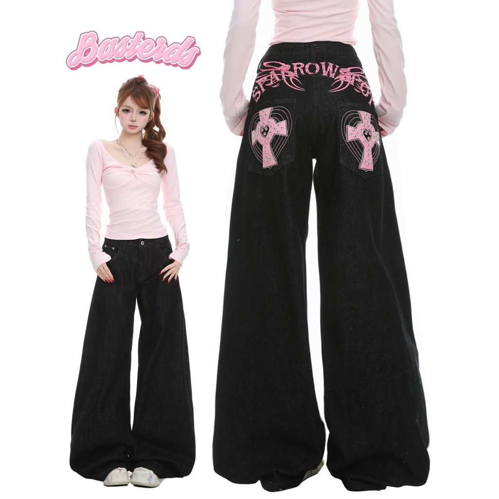 JADED LONDON Âu Mỹ Hợp Thời Trang Phong Cách Retro Cánh Đeo Chéo Nam Nữ Thẳng Ống Rộng Quần Jeans