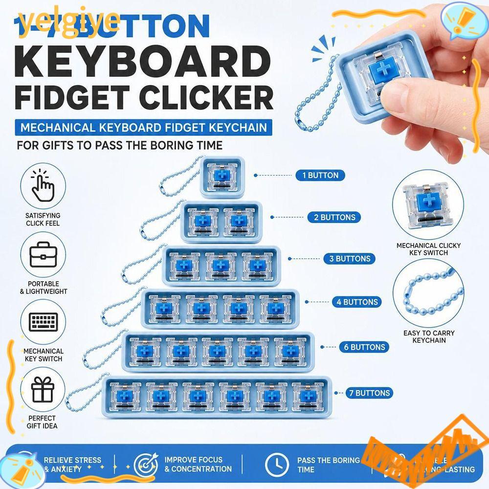 Bàn phím YELGIYE Fidget Clicker Toy, Móc khóa Fidget cơ khí thư giãn 1-7 phím, Móc khóa di động đính
