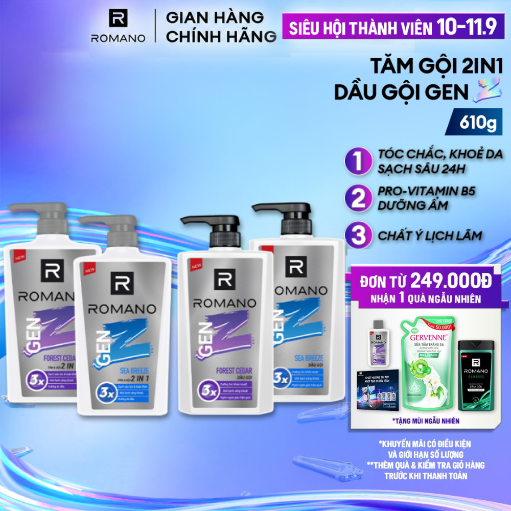 Tắm gội cho nam 2in1 cho nam / Dầu gội nam Romano Gen Z hương Sea Breeze/ Forest Cedar 610g / chai -
